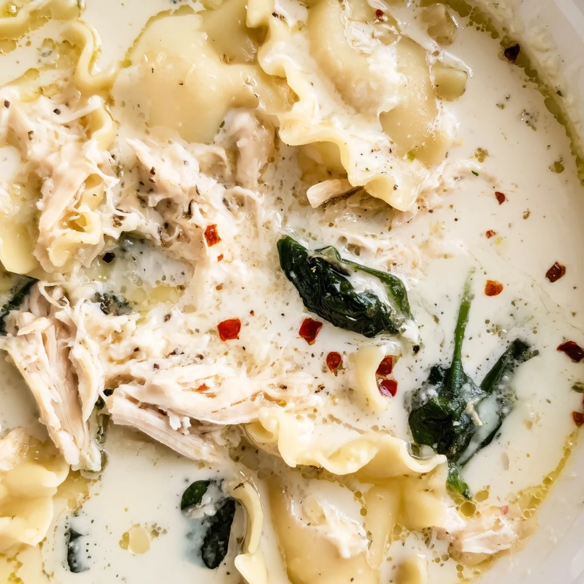 White lasagna soup ladled into a rustic bowl with crusty garlic bread on the side