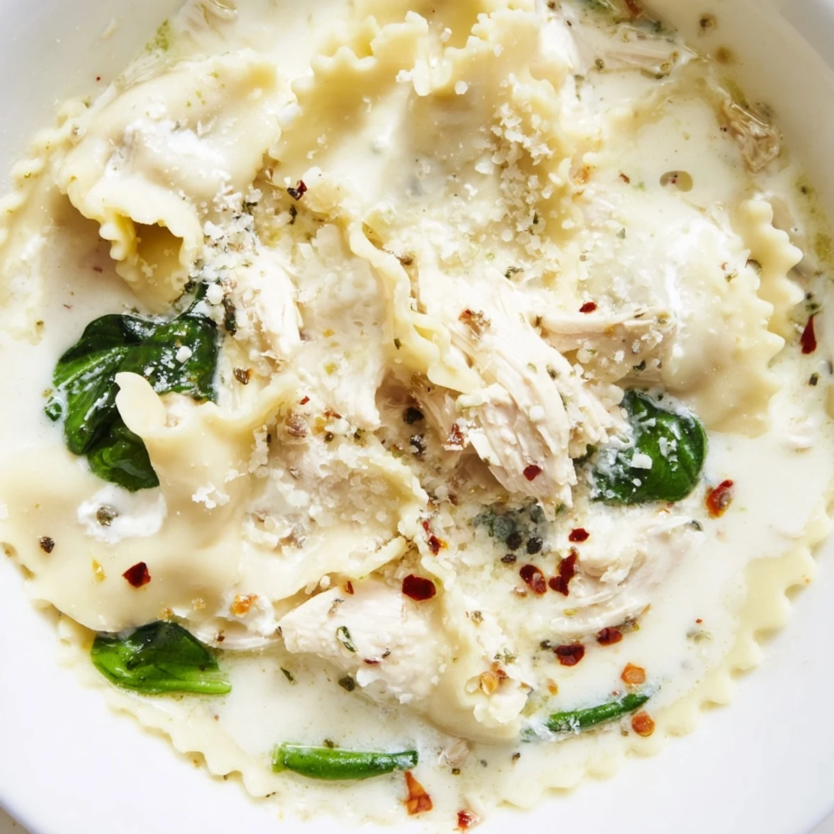 Steaming bowl of white lasagna soup with tender noodles, shredded chicken, and Parmesan