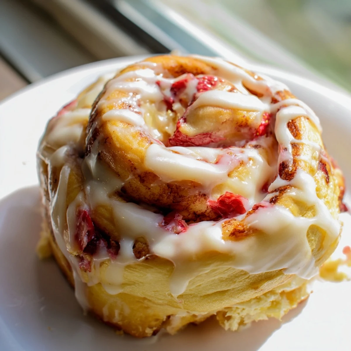 Golden Strawberry Cheesecake Cinnabon Rolls drizzled with creamy vanilla glaze on a rustic plate