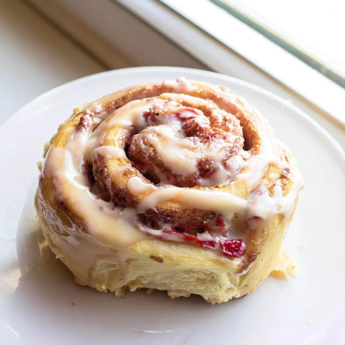 Warm Strawberry Cheesecake Cinnabon Rolls pulled apart revealing swirls of tangy cream cheese filling