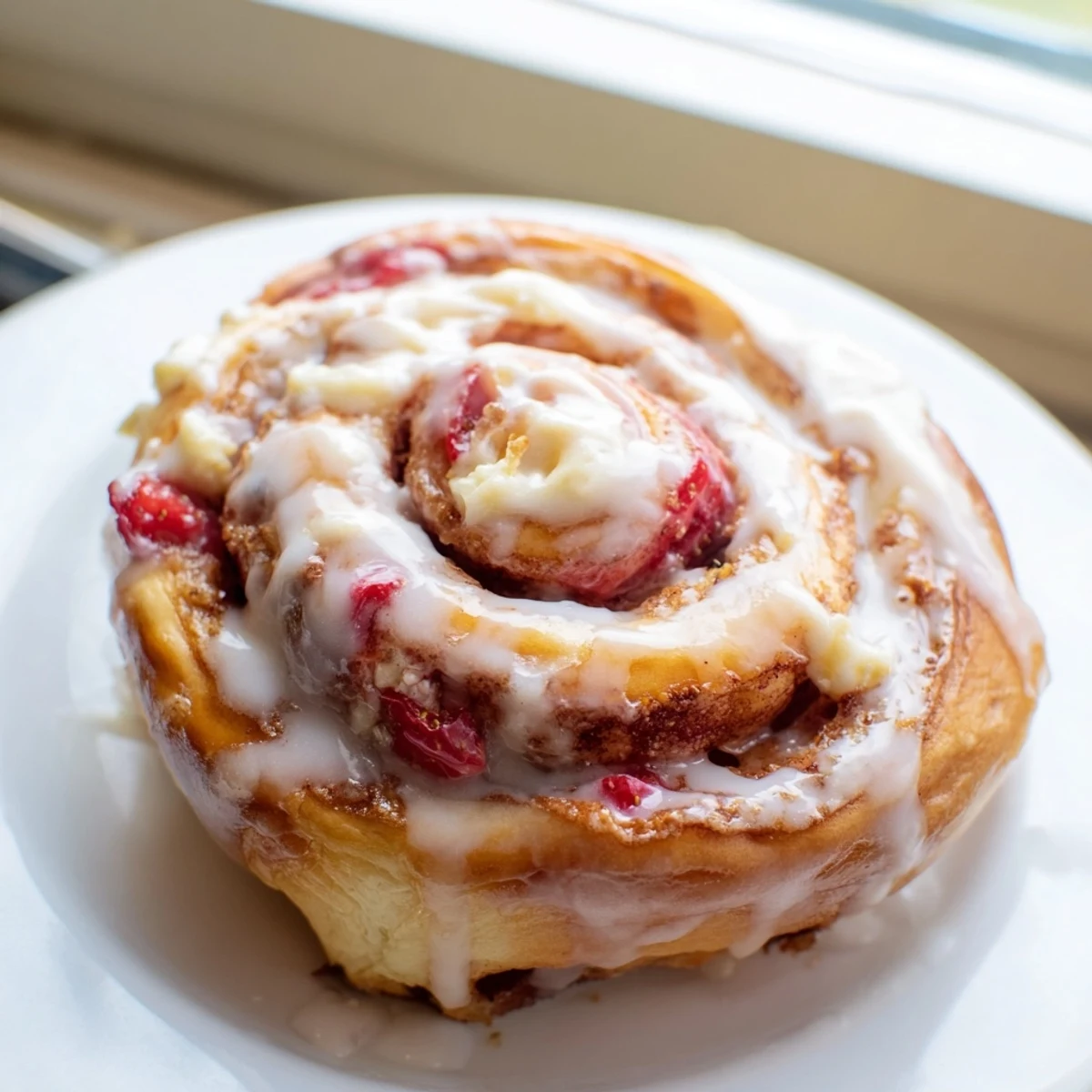 Freshly baked Strawberry Cheesecake Cinnabon Rolls topped with glossy strawberry cinnamon swirl and sweet icing