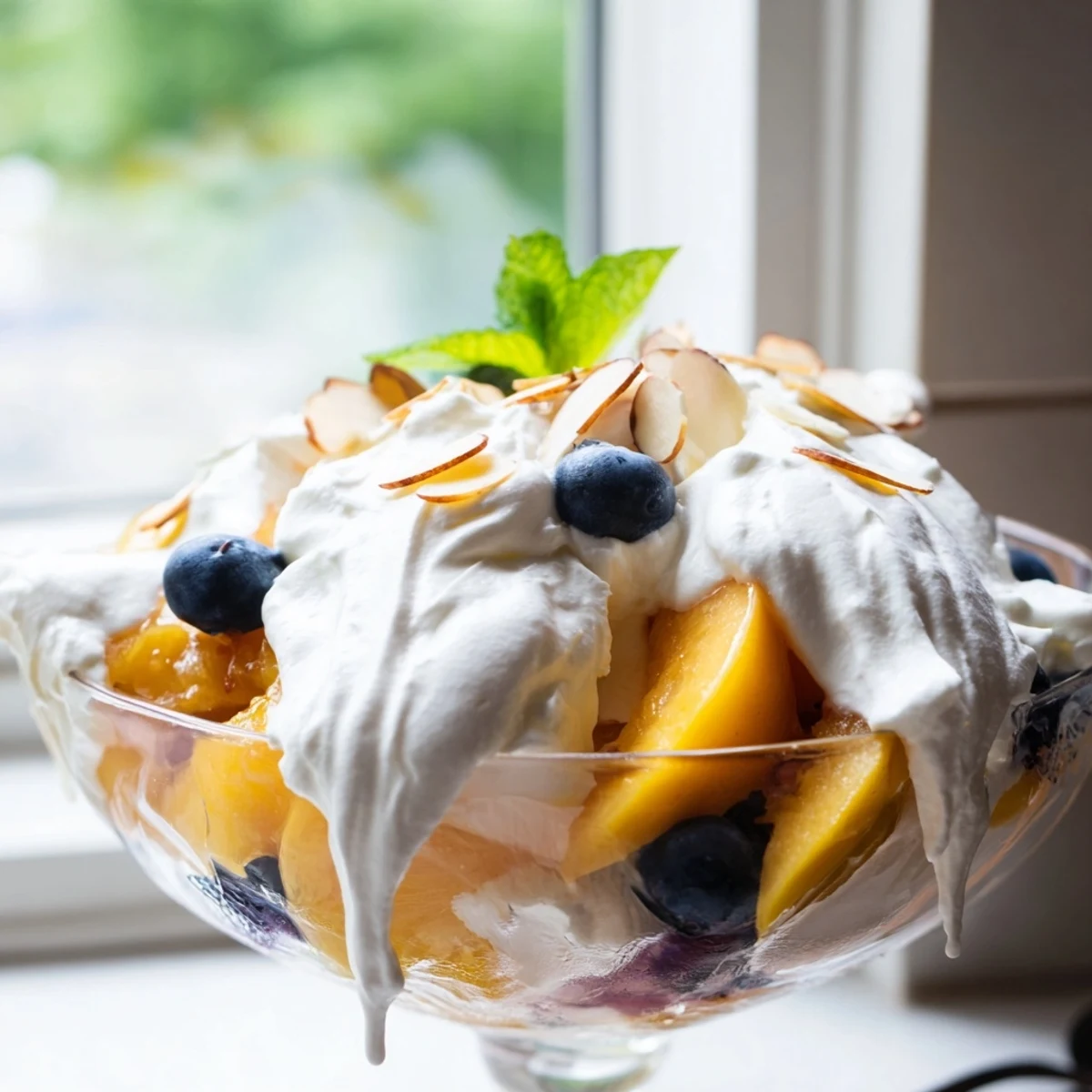 Juicy peach slices layered with fluffy vanilla whipped cream in glass cups