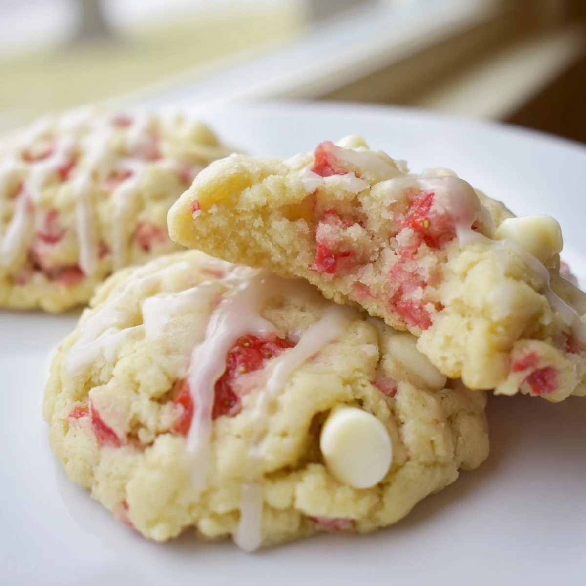Soft strawberry lemonade cookies with pink flecks and golden edges on a rustic white plate