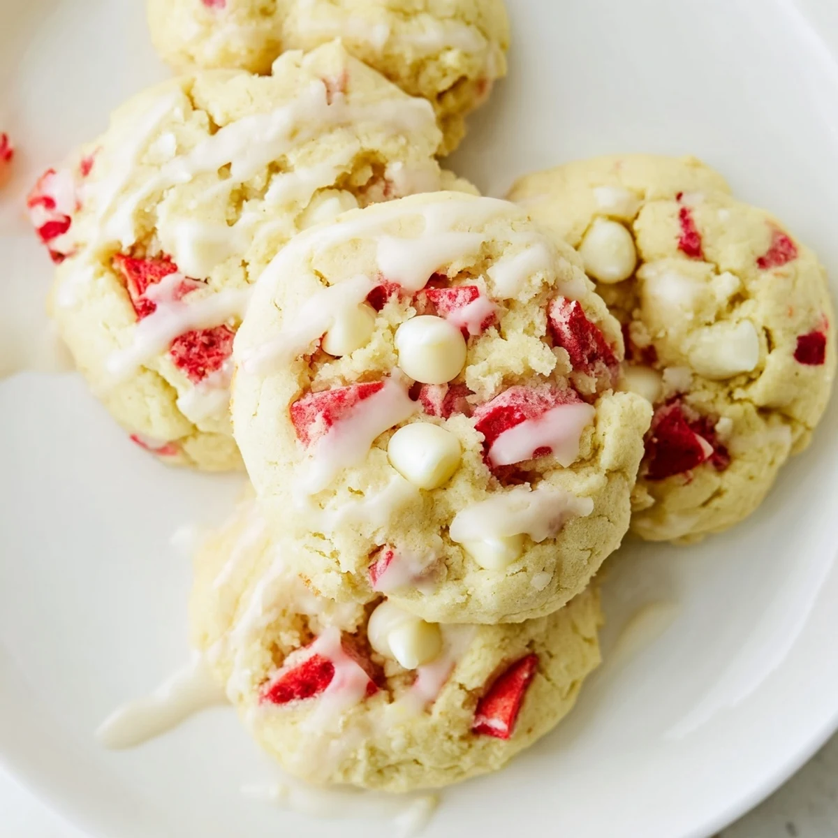 Chewy strawberry lemonade cookies drizzled with tangy citrus glaze stacked on a cooling rack