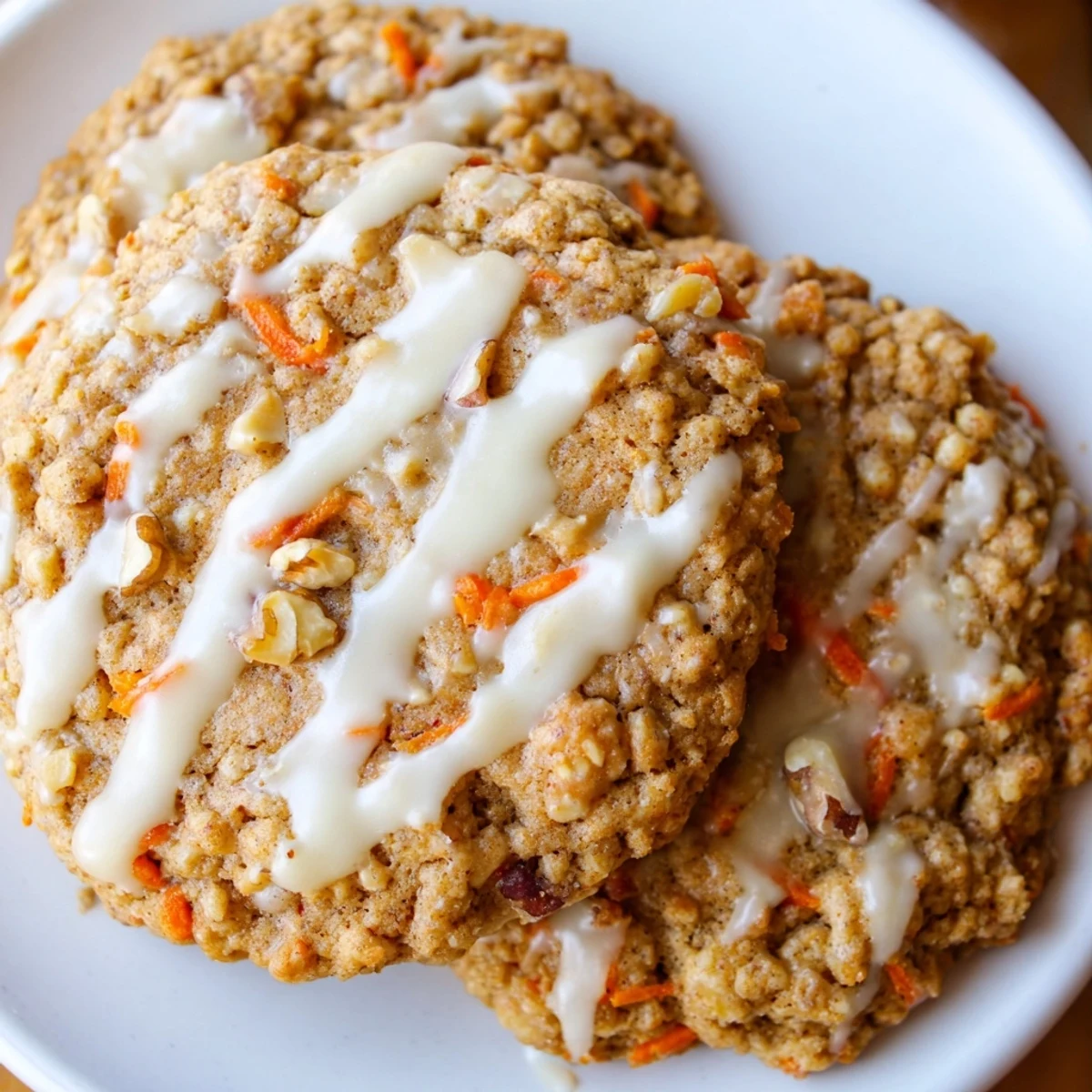Golden chewy brown butter carrot cake cookies with visible specs of grated carrots and chopped walnuts on a rustic baking sheet