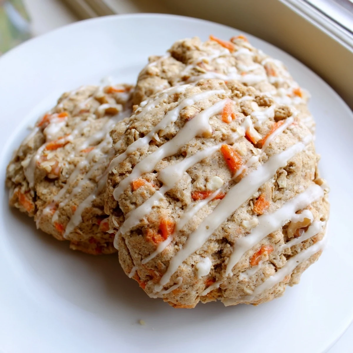 Soft chewy brown butter carrot cake cookies drizzled with creamy white cream cheese glaze and scattered walnut pieces
