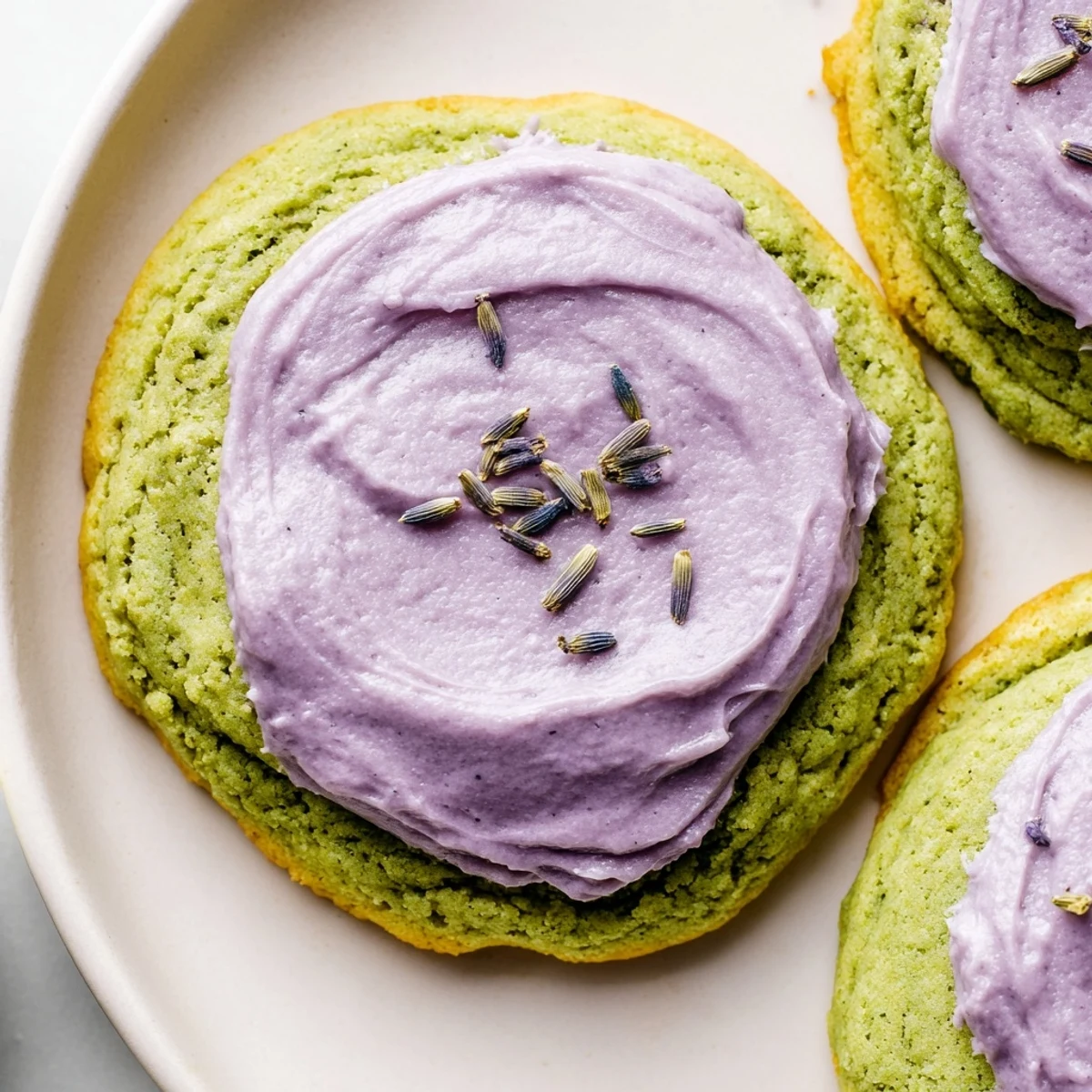 Soft green matcha sugar cookies topped with creamy lavender frosting on a rustic white plate
