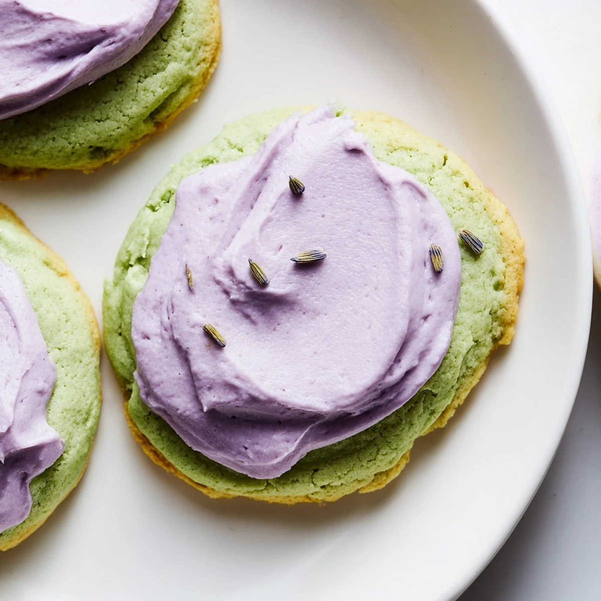 Delicate matcha sugar cookies with swirled purple lavender buttercream arranged for an elegant teatime display