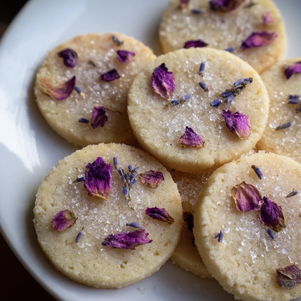 Golden Spring Blossom Cookies topped with colorful edible flowers on a rustic ceramic plate