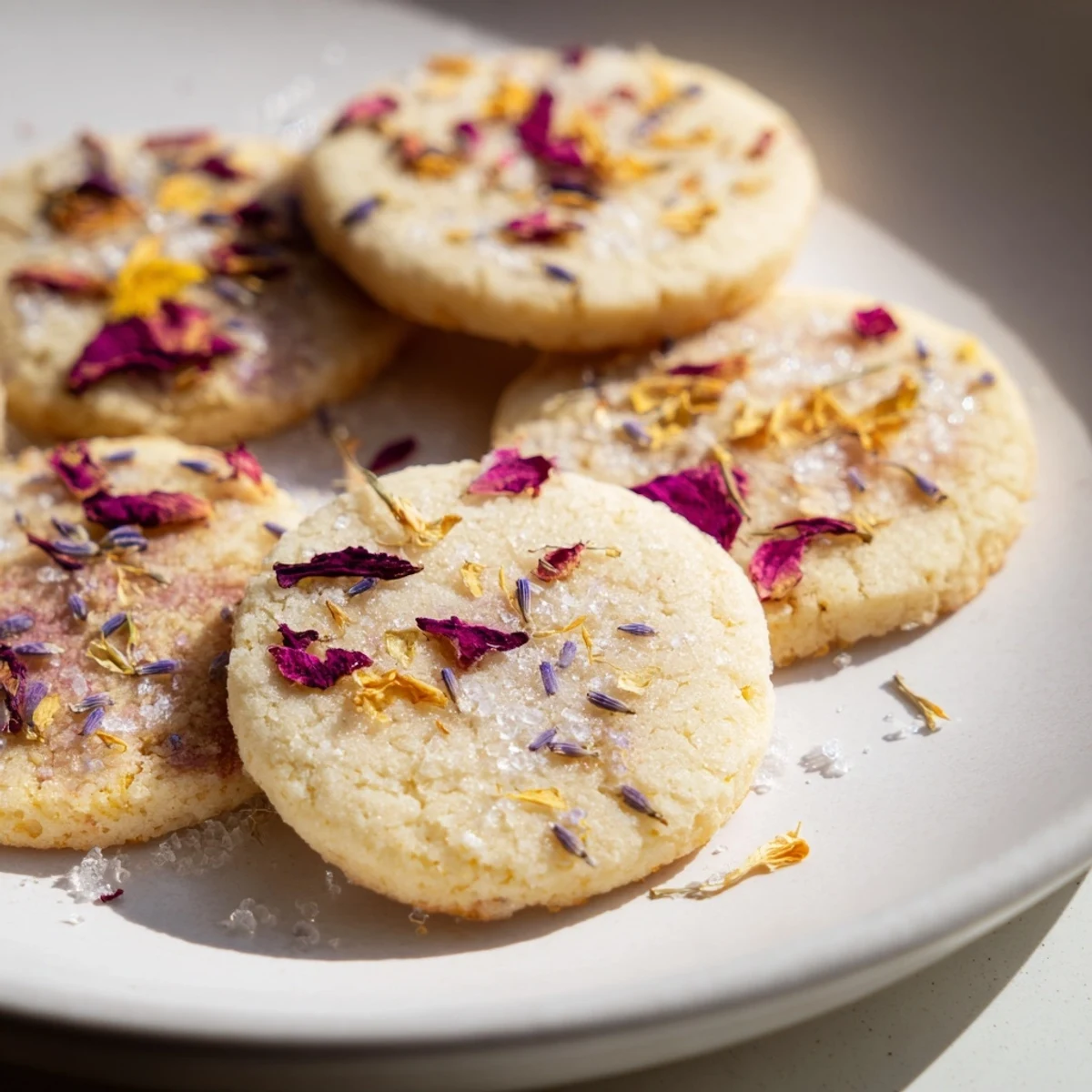 Buttery Spring Blossom Cookies arranged on parchment paper with delicate lavender and rose petals