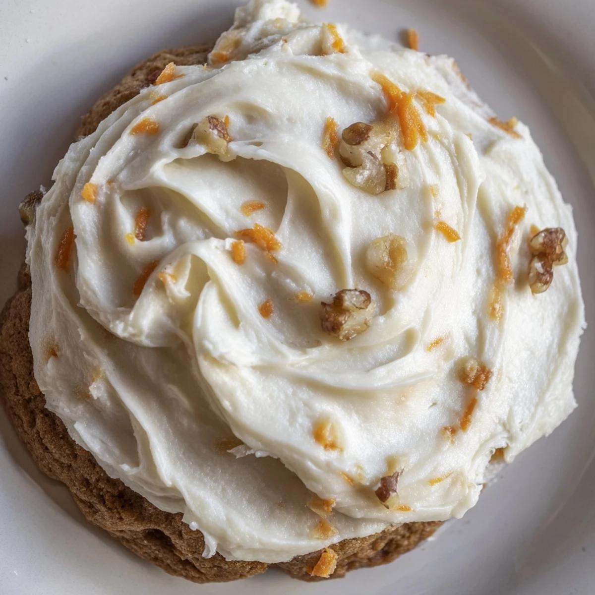 Chewy spiced Crumbl carrot cake cookies topped with thick tangy cream cheese icing