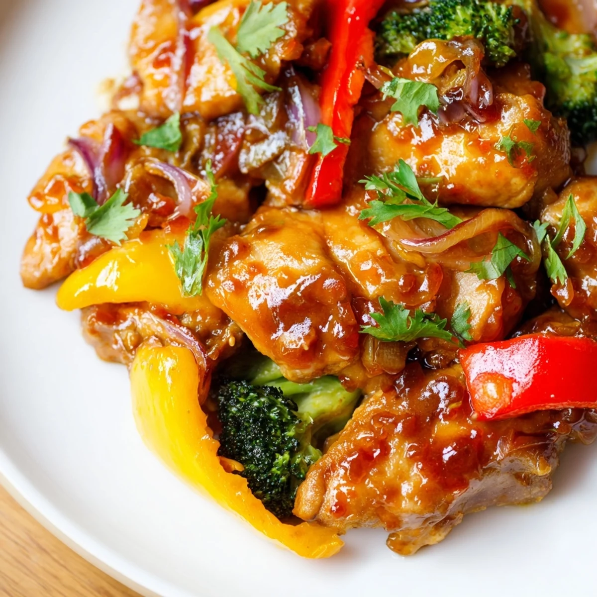 Colorful chicken and vegetable stir fry sizzling in a large skillet with vibrant peppers and broccoli