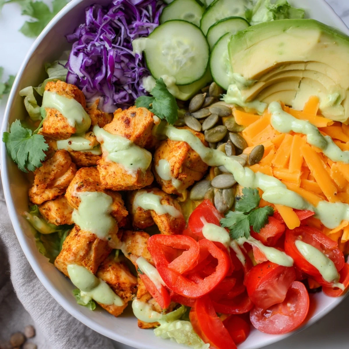 Colorful keto bowls with seasoned chicken, fresh vegetables, and creamy avocado dressing ready to serve