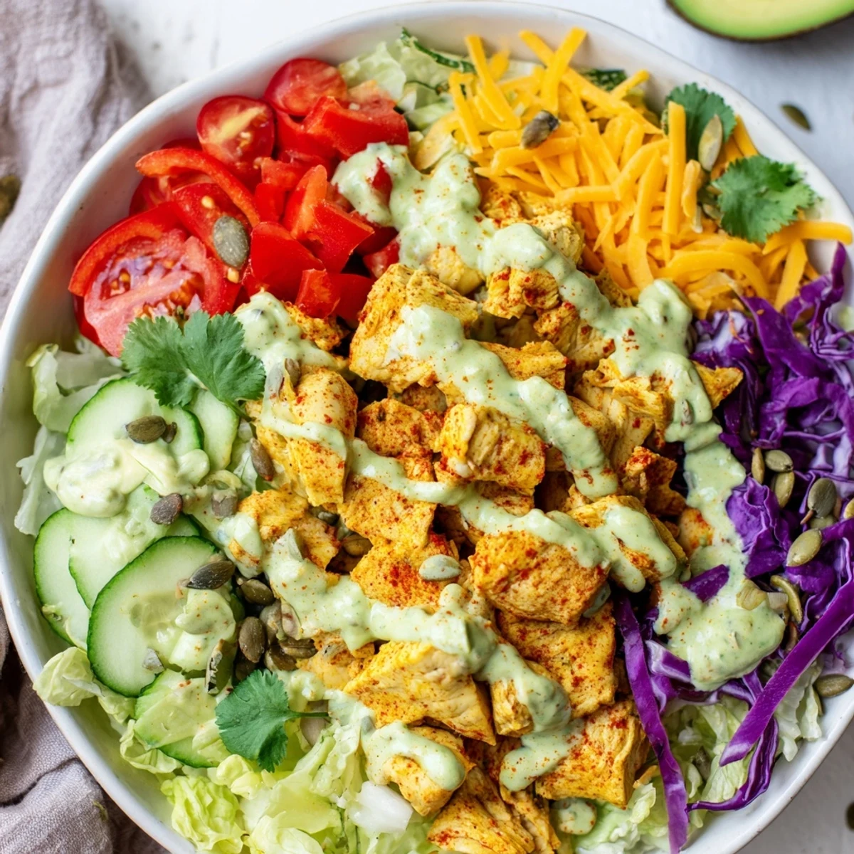 Crisp lettuce base topped with grilled chicken, vibrant veggies, and cheese in these keto bowls