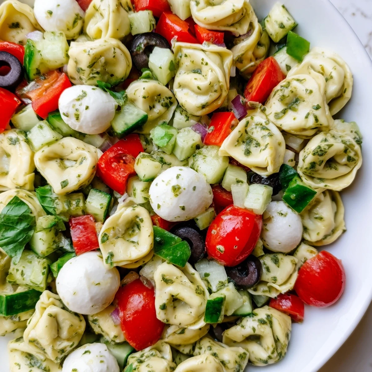 Colorful tortellini pasta salad with cherry tomatoes, cucumbers, and tangy Italian dressing in a bowl