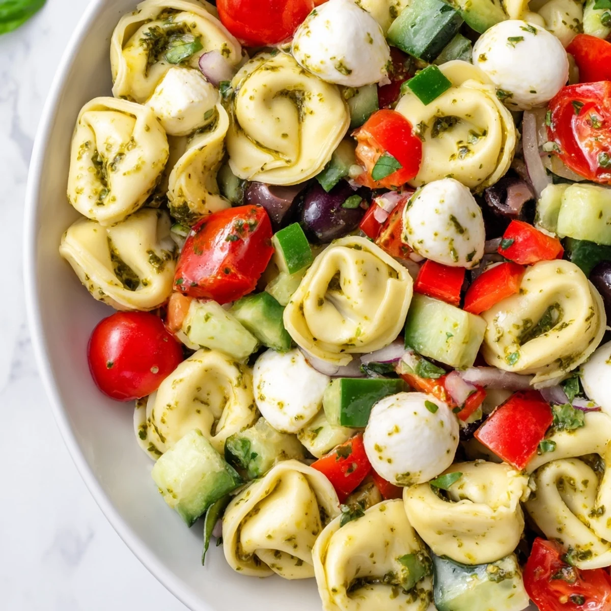 Cheese tortellini pasta salad tossed with crisp vegetables and zesty herb dressing for picnics
