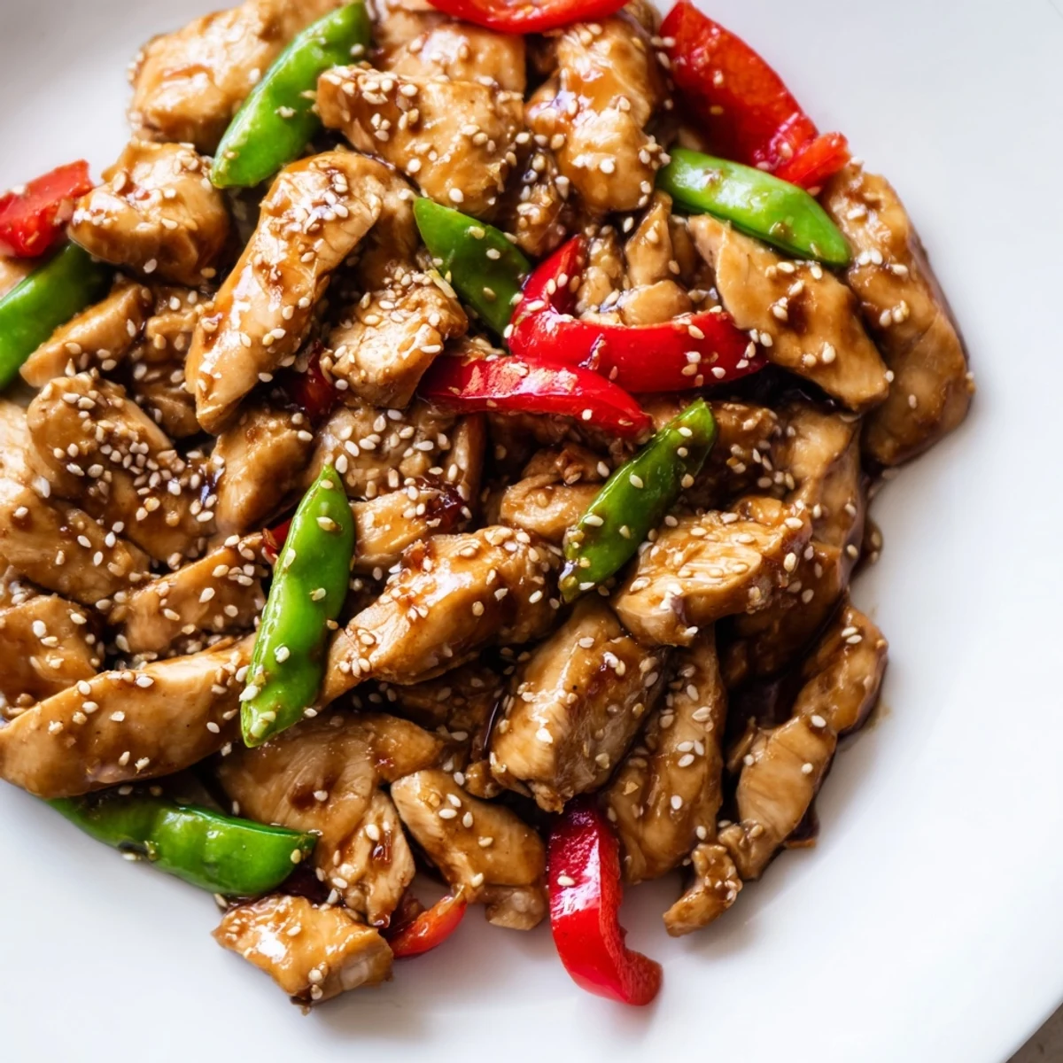 Sesame Soy Chicken Stir Fry served over rice with sesame seeds and green onions