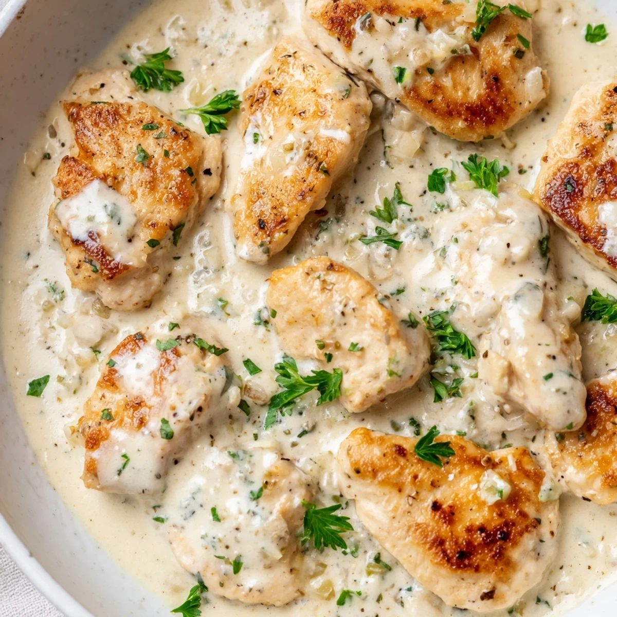 Creamy garlic chicken in golden skillet with rich white Parmesan sauce and fresh parsley garnish