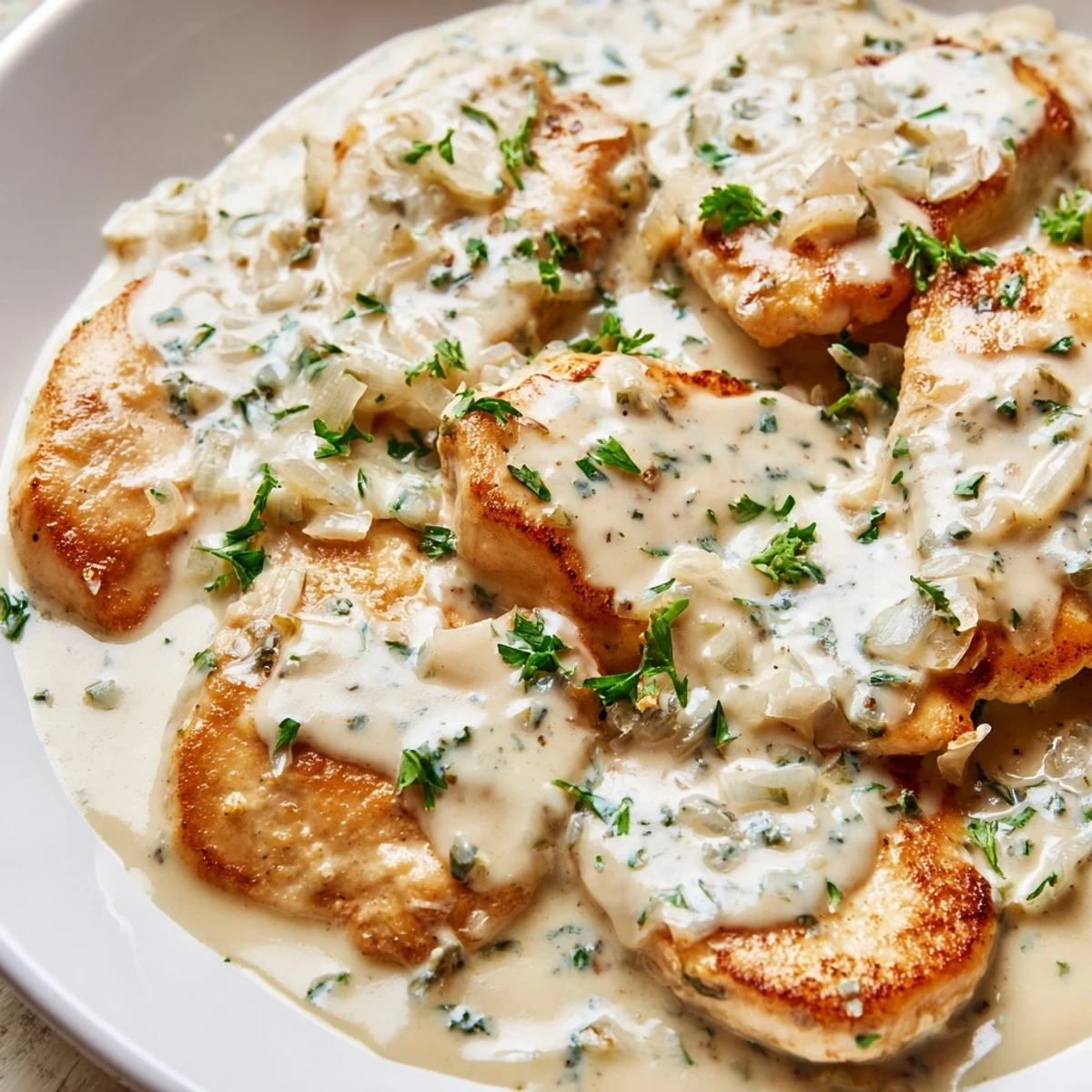 Tender creamy garlic chicken breasts smothered in velvety sauce on white dinner plate