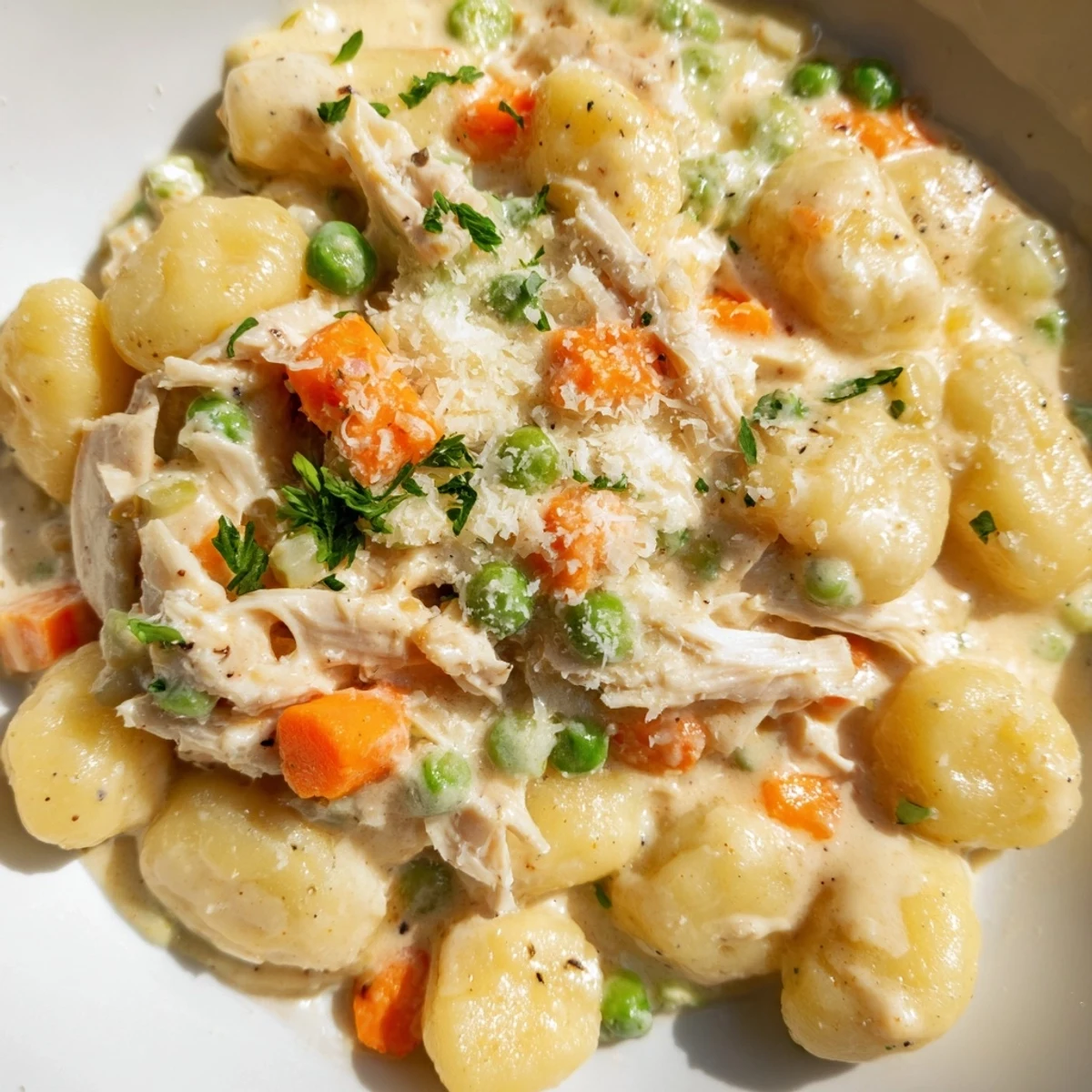 One pot gnocchi chicken pot pie topped with fresh parsley and parmesan cheese