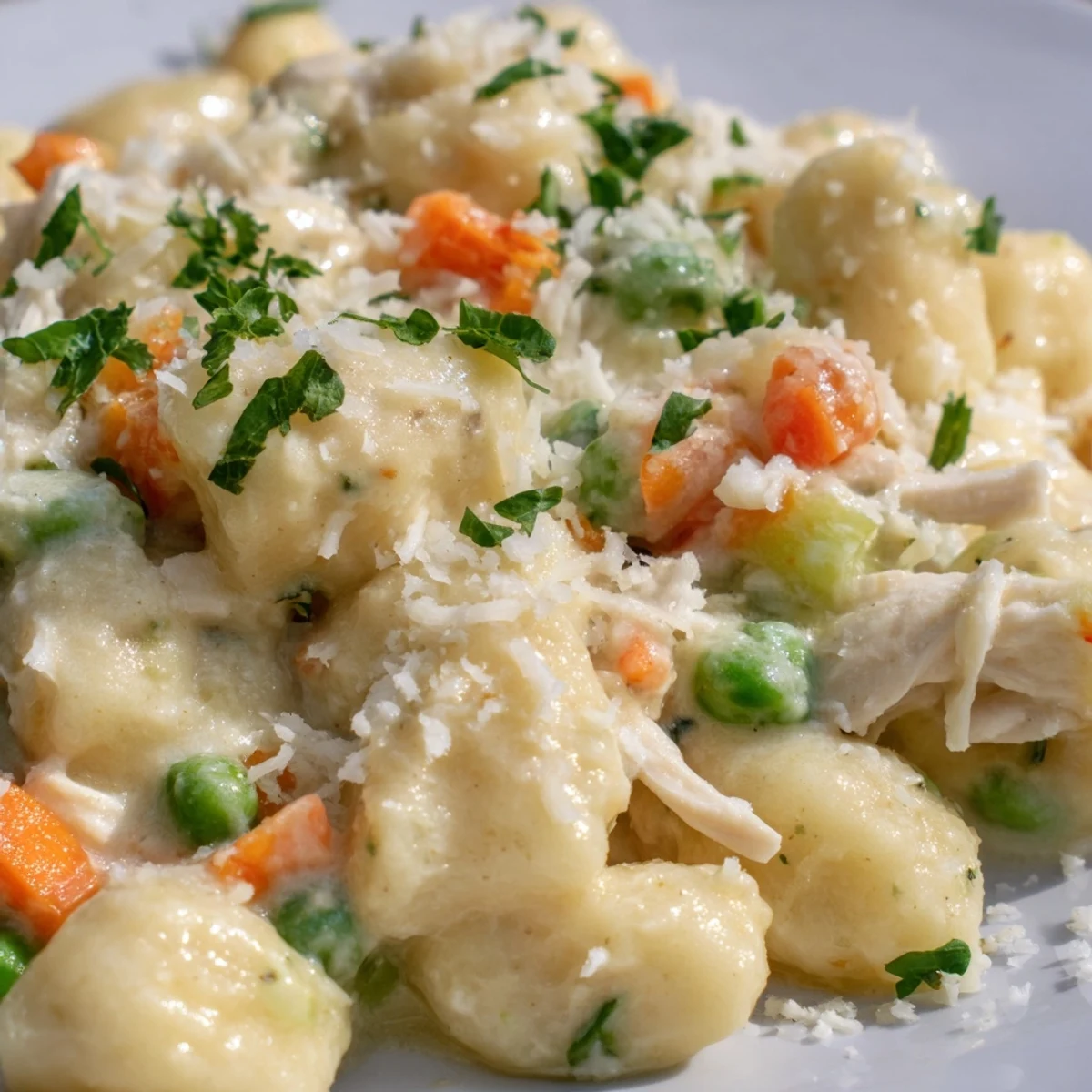 Creamy one pot gnocchi chicken pot pie with tender vegetables in golden savory sauce