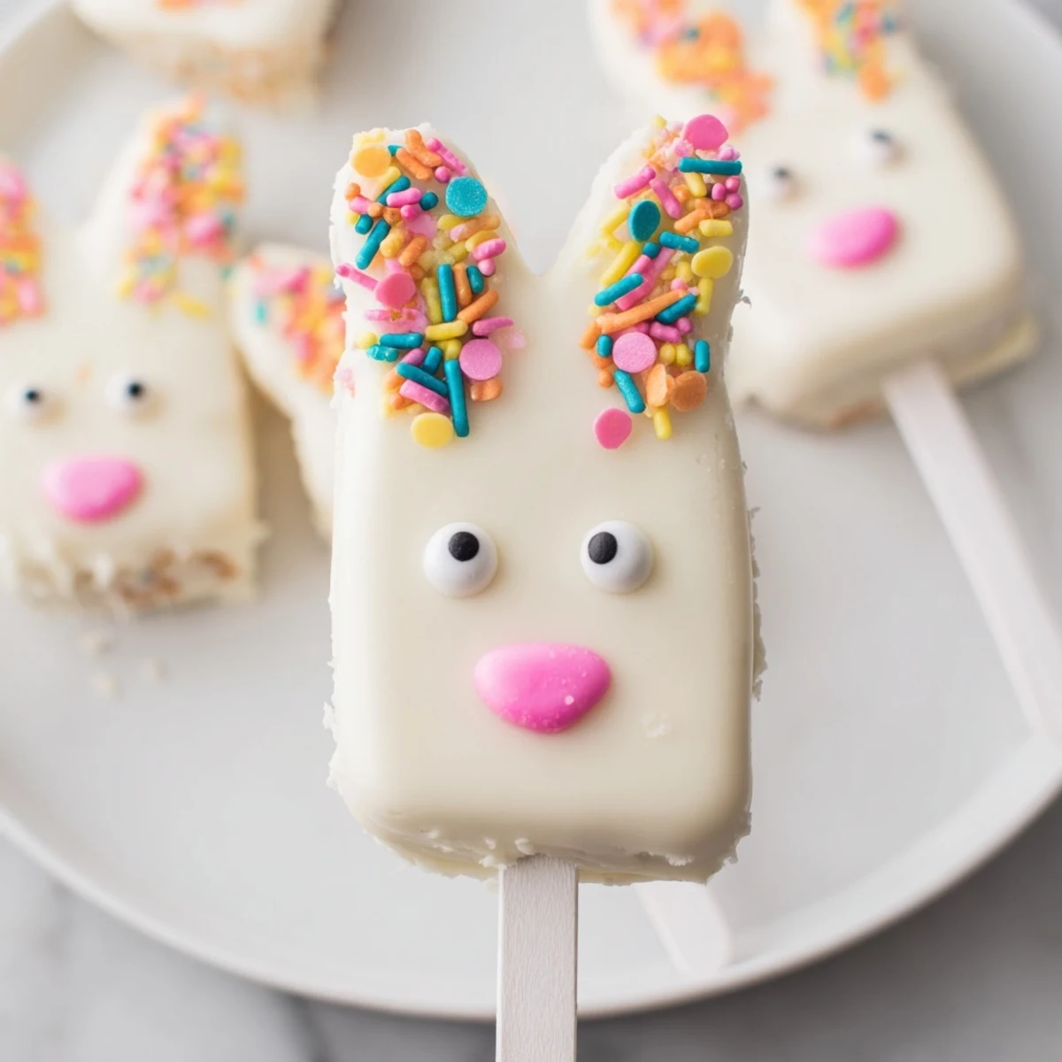 Adorable white chocolate bunny cakesicles with candy eyes and pink ears on a festive Easter tray