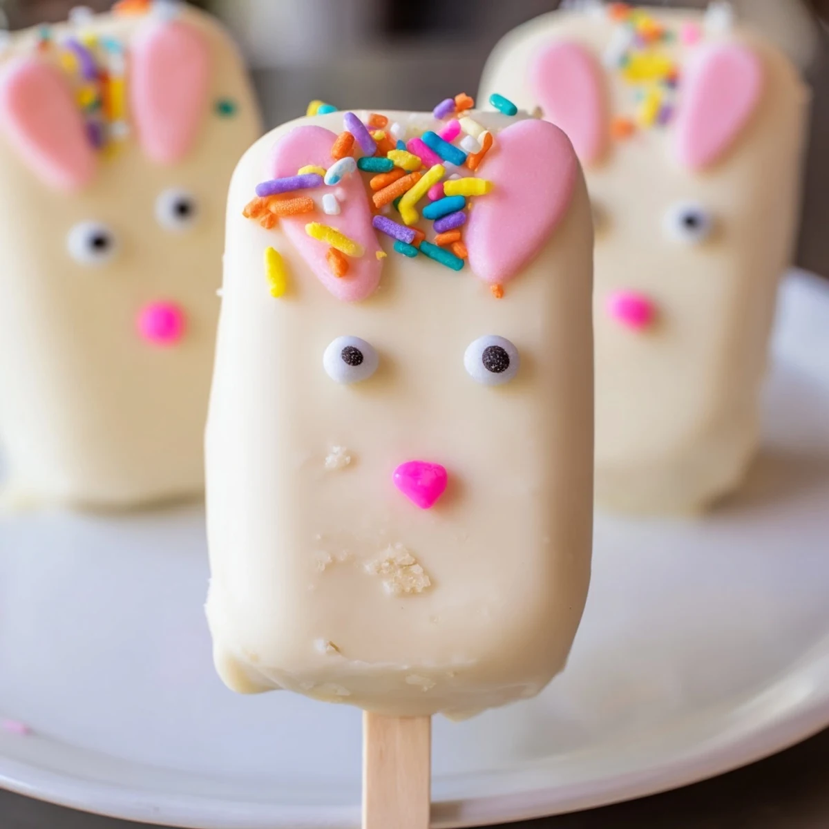 Creamy white chocolate bunny cakesicles decorated with sprinkles and fondant ears for spring celebrations