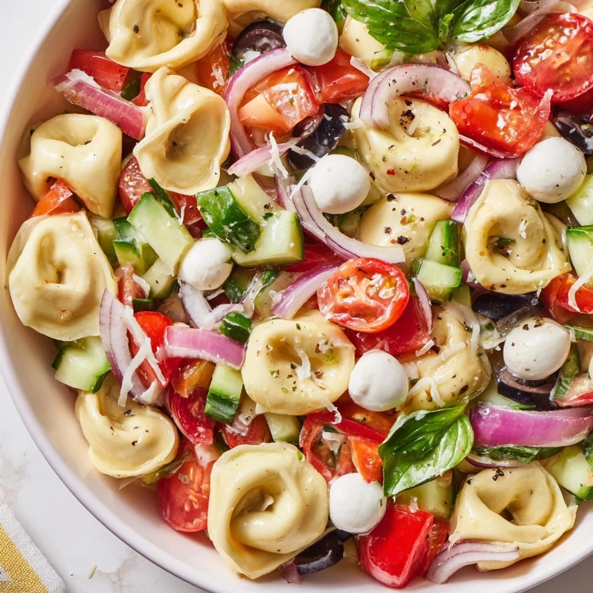 Creamy cheese tortellini salad tossed with crisp vegetables and fresh basil for picnics