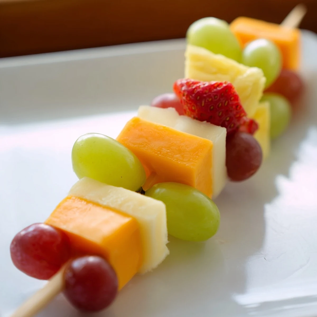 Juicy grapes strawberries and cubed cheeses threaded onto wooden skewers