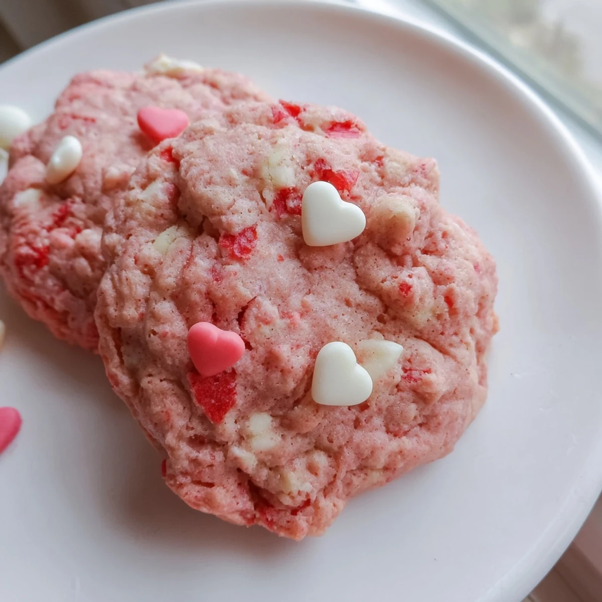 Soft pink Valentine strawberry cookies with white chocolate chips on a rustic baking sheet