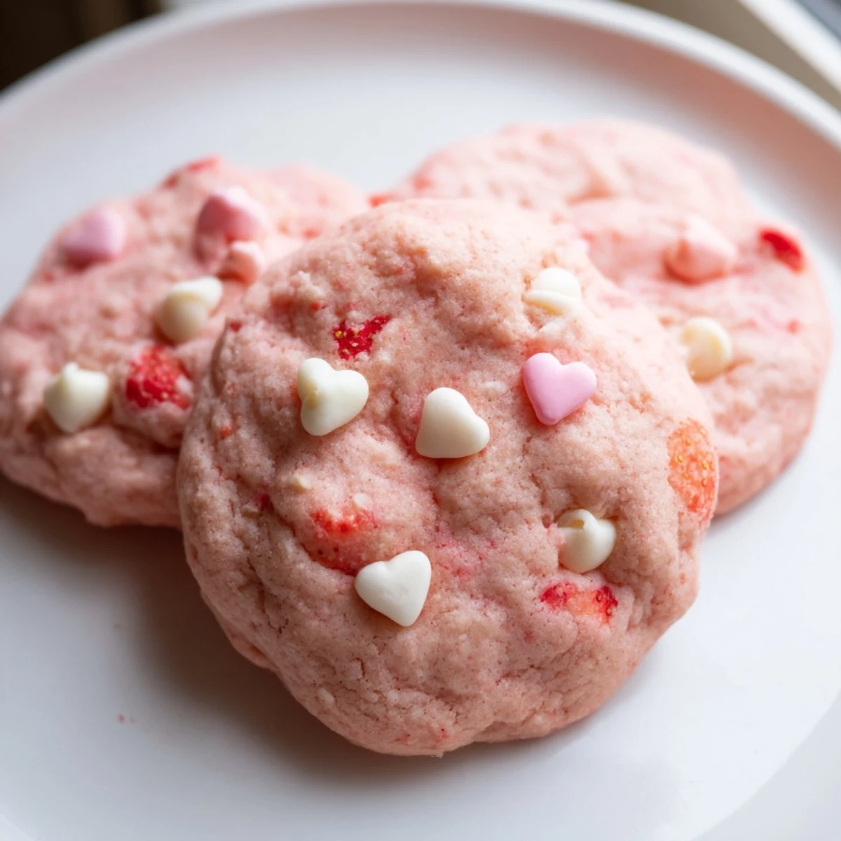Chewy Valentine strawberry cookies topped with heart sprinkles arranged on a white plate