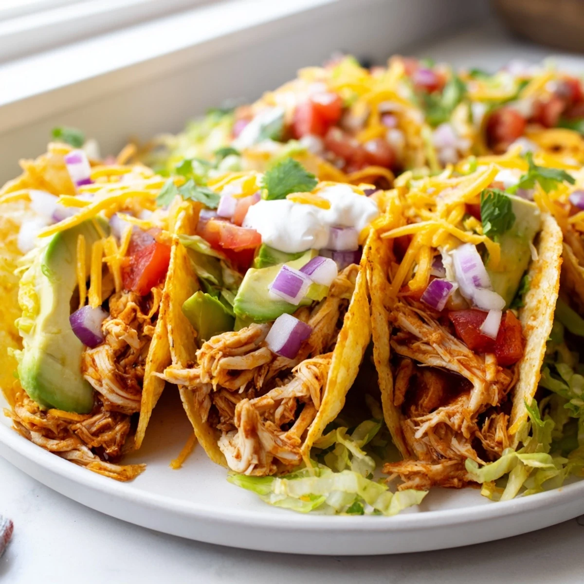 Slow Cooker Shredded Chicken Tacos loaded with fresh avocado, cilantro, and lime wedges