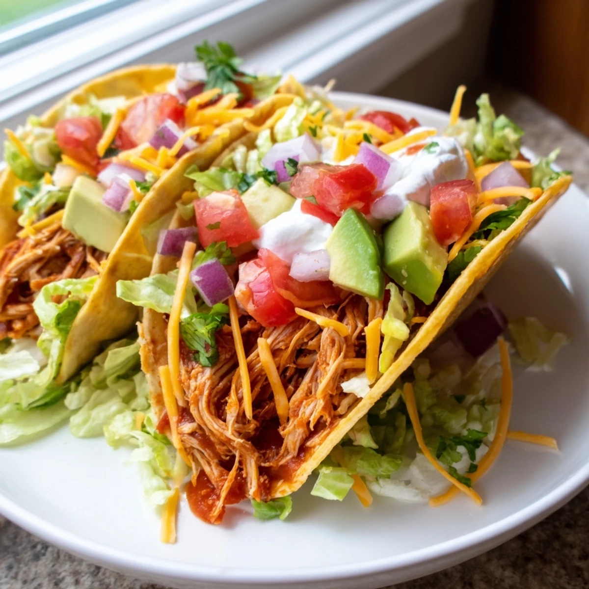 Juicy Slow Cooker Shredded Chicken Tacos topped with melted cheese and crisp shredded lettuce
