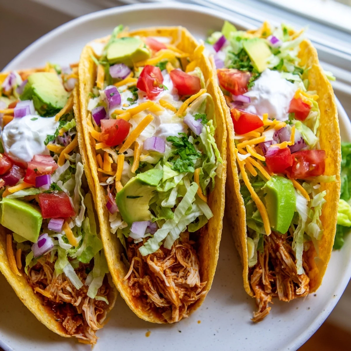 Warm Slow Cooker Shredded Chicken Tacos drizzled with sour cream and garnished with diced tomatoes