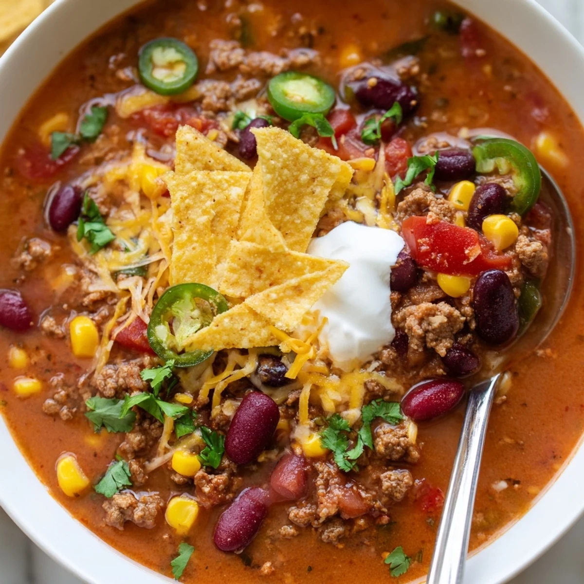 Thick hearty Crockpot Ground Beef Taco Soup loaded with beans corn and tomatoes in a rustic mug