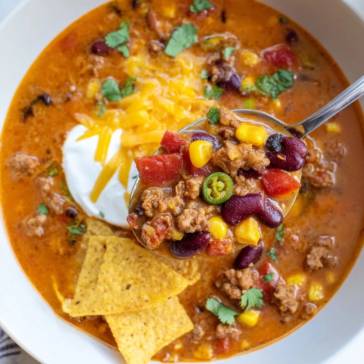 Steaming bowl of Crockpot Ground Beef Taco Soup topped with shredded cheese and cilantro