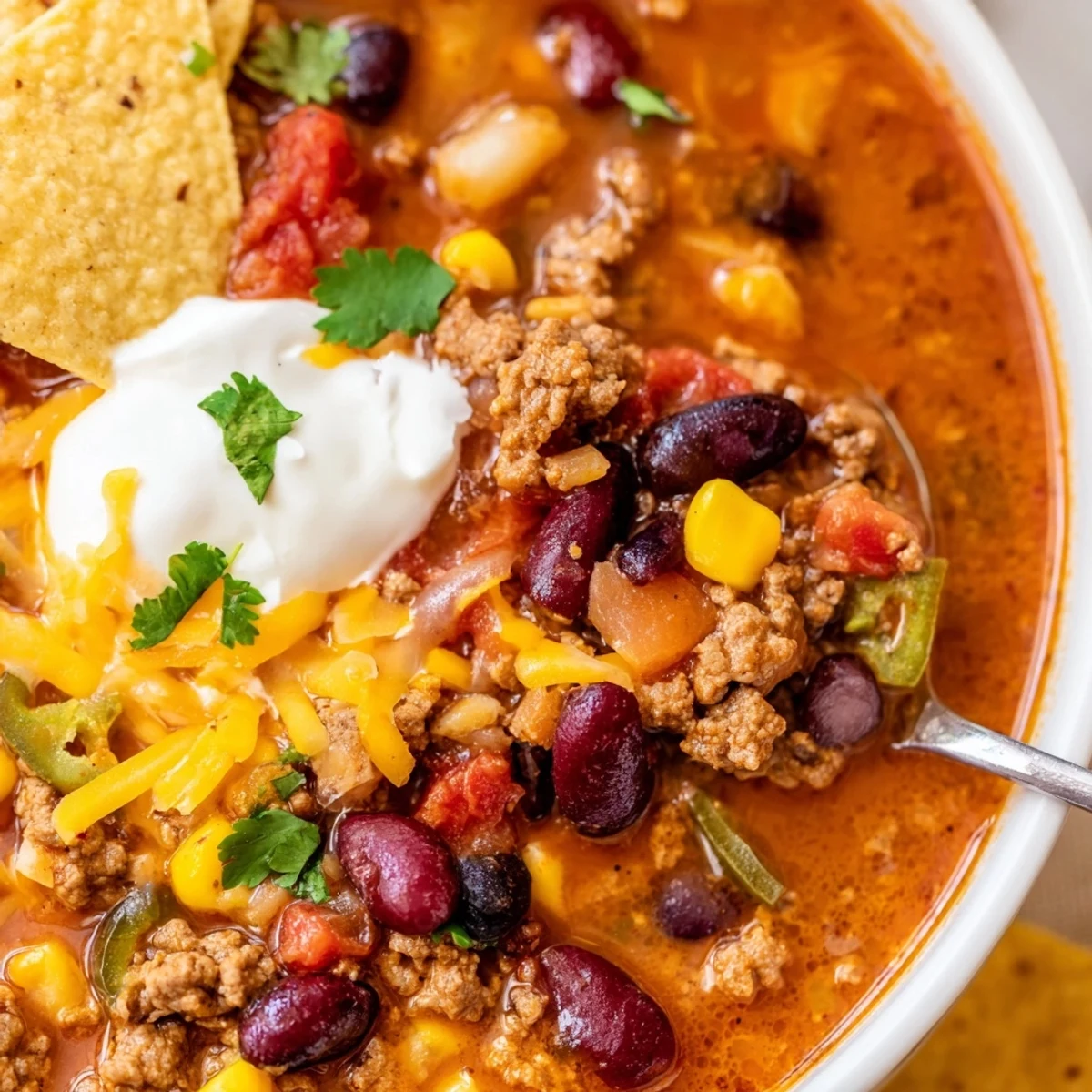 Slow-cooked Crockpot Ground Beef Taco Soup garnished with sour cream tortilla chips and jalapeño slices