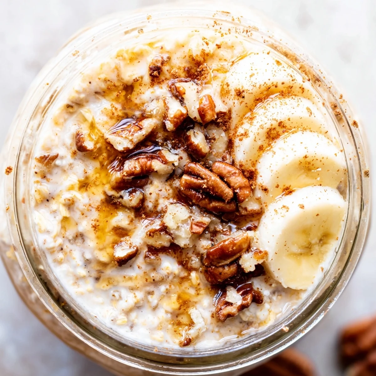 Maple Cinnamon Pecan Overnight Oats swirled with golden syrup and dusted with warm spice
