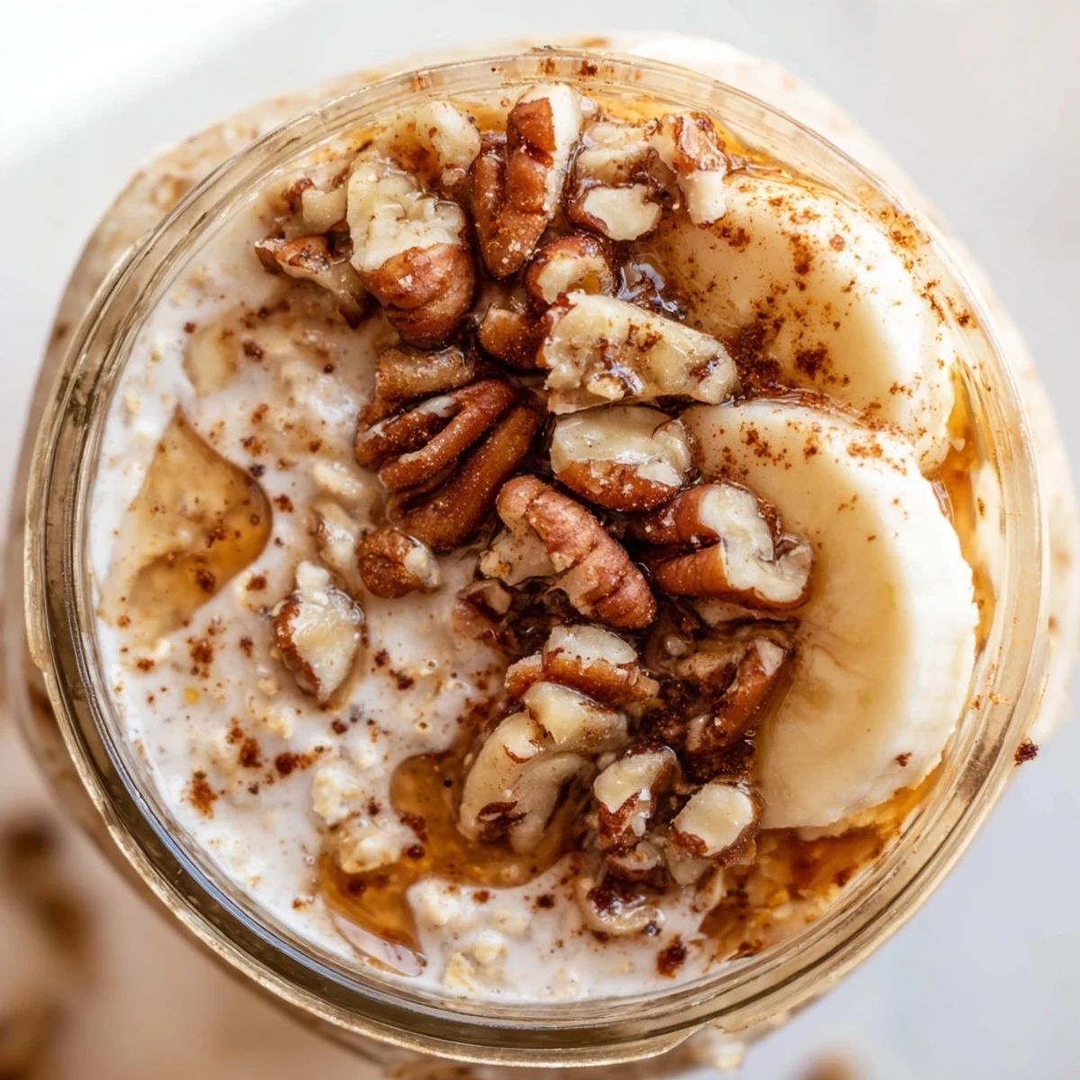Creamy Maple Cinnamon Pecan Overnight Oats in a mason jar topped with crunchy nuts