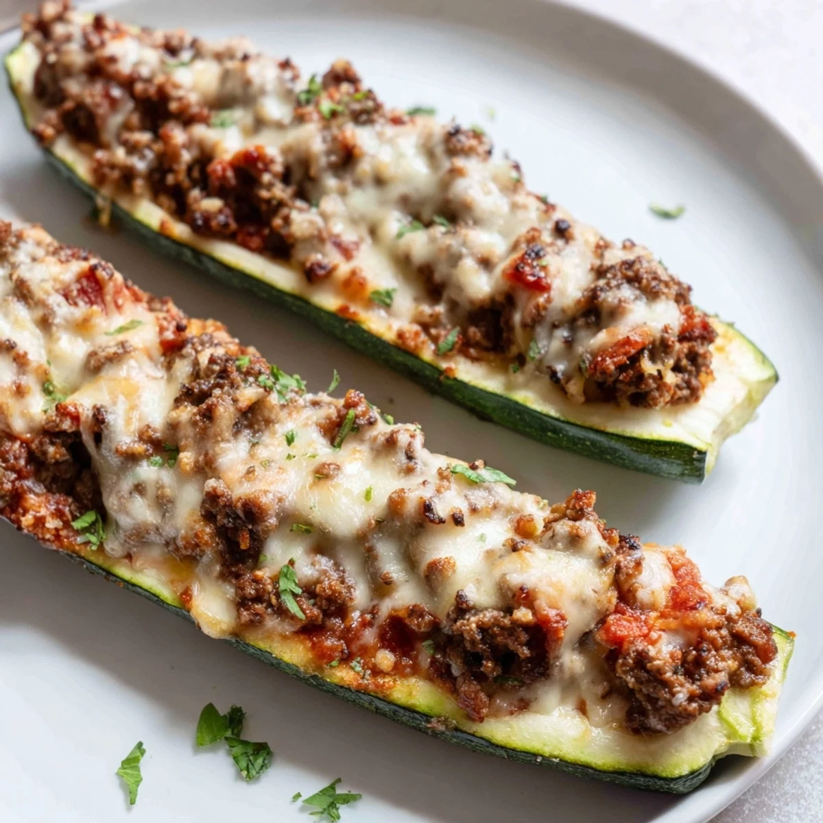 Golden cheesy stuffed zucchini boats with ground beef fresh from the oven