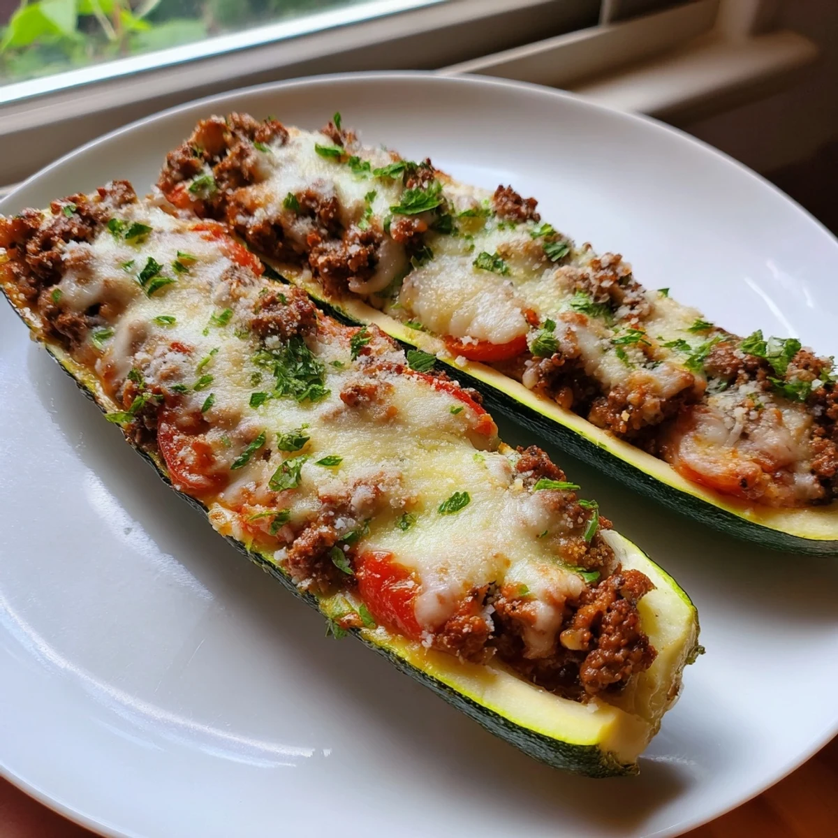 Stuffed zucchini boats with ground beef topped with bubbling melted mozzarella cheese