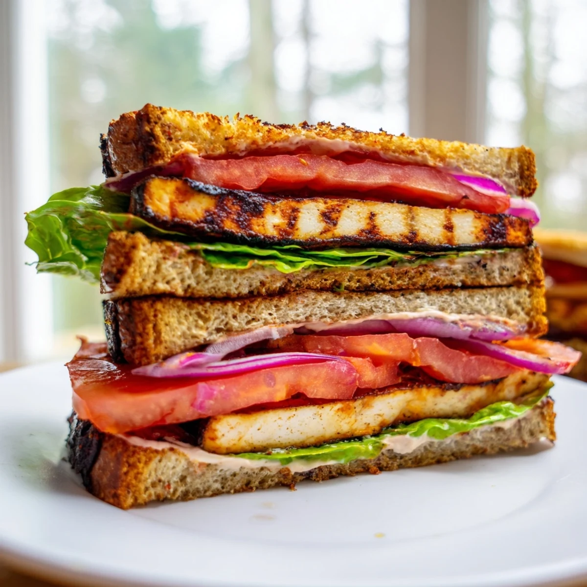 Golden smoky marinated tofu layered with crisp lettuce and fresh summer tomato on whole grain bread