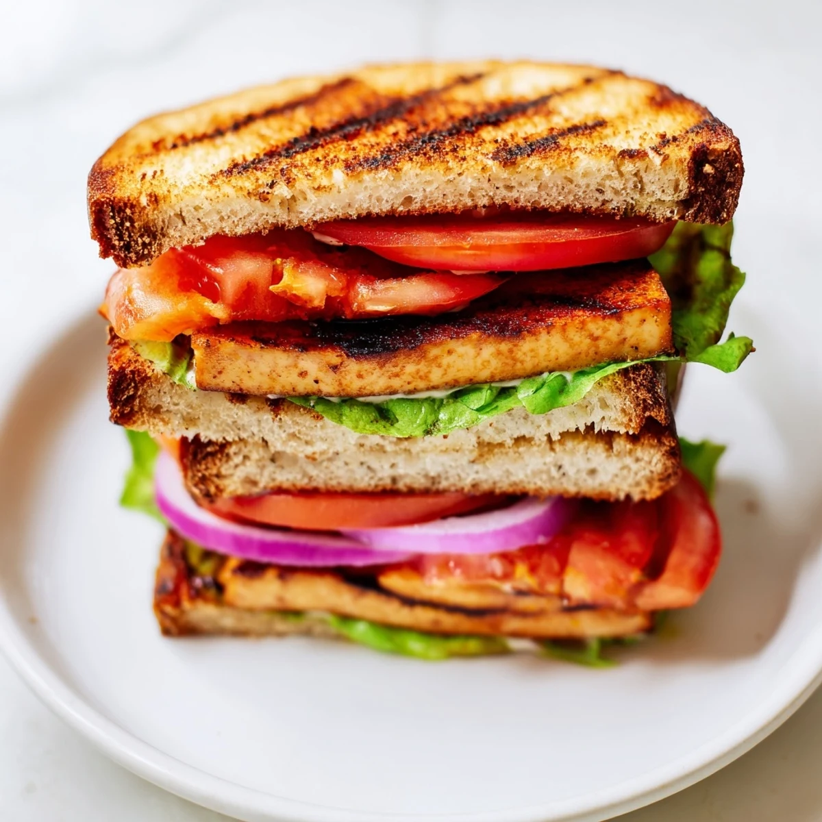 Smoky Tofu TLT Sandwich cut in half showing crisp lettuce and perfectly grilled paprika-rubbed tofu