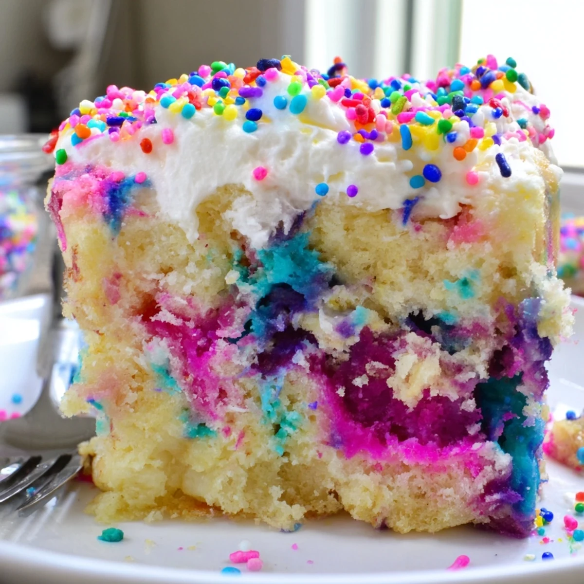 Colorful Unicorn Poke Cake with rainbow pudding swirls and whipped topping