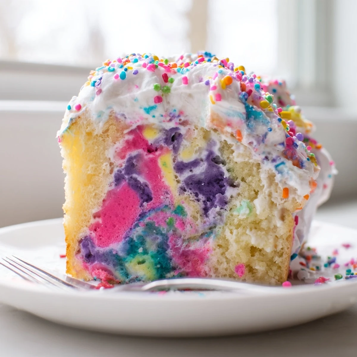 Slice of Unicorn Poke Cake showing vibrant pink purple and blue pudding layers