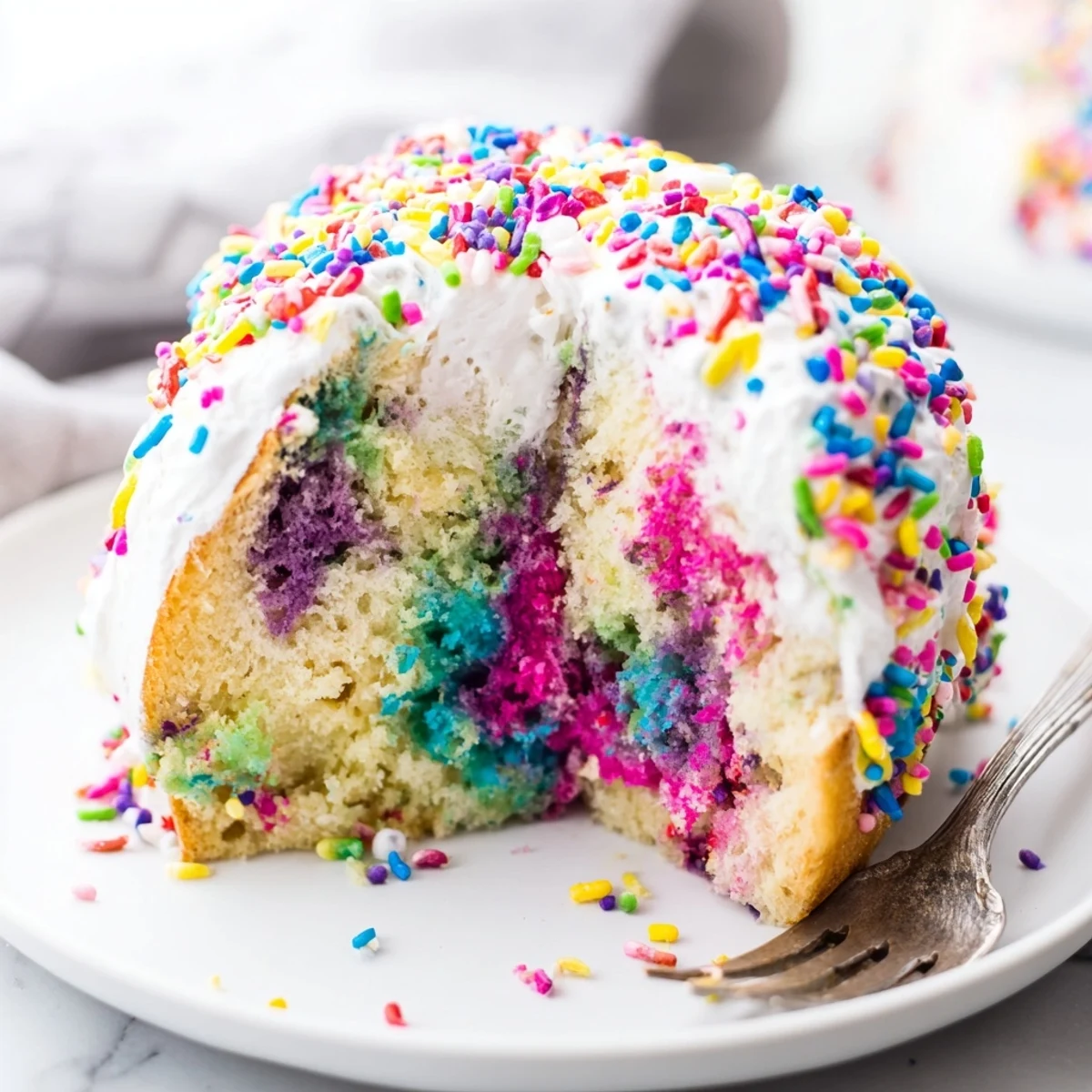 Festive Unicorn Poke Cake topped with sprinkles on a bright party table