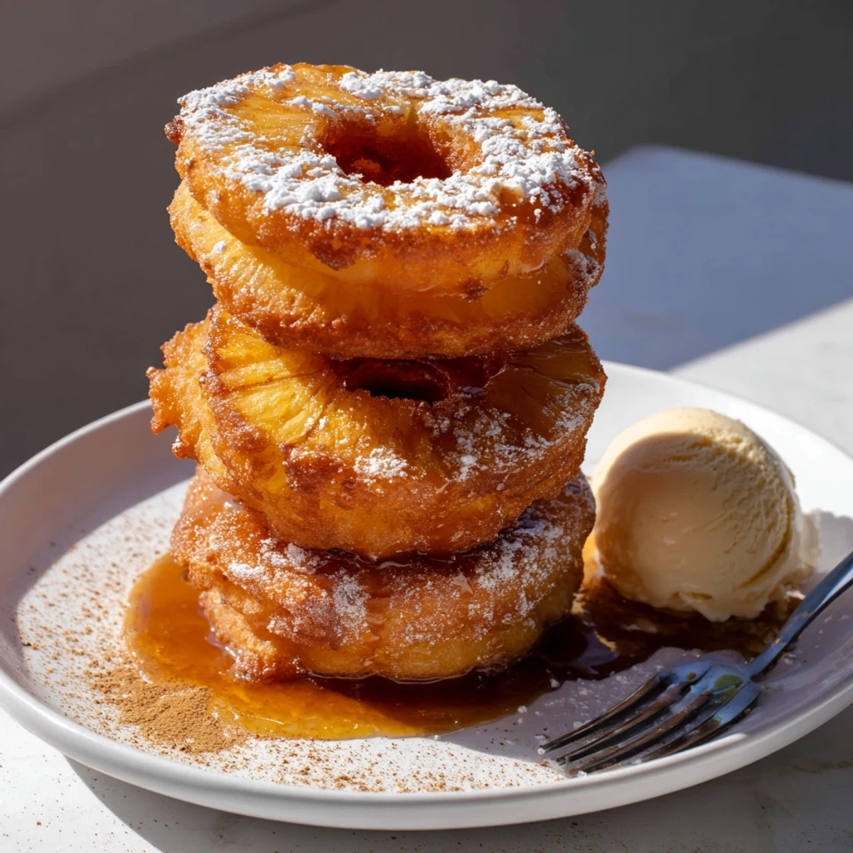 Crispy golden fried pineapple rings dusted with powdered sugar on a rustic plate