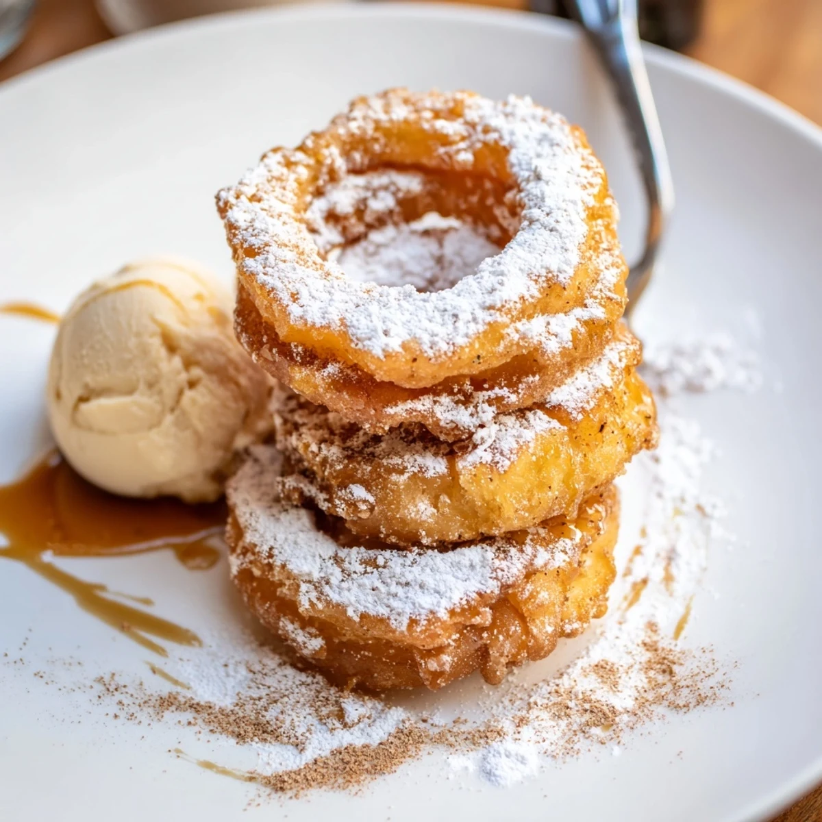 Thick-cut fried pineapple rings with a crunchy coating drizzled in sweet caramel sauce