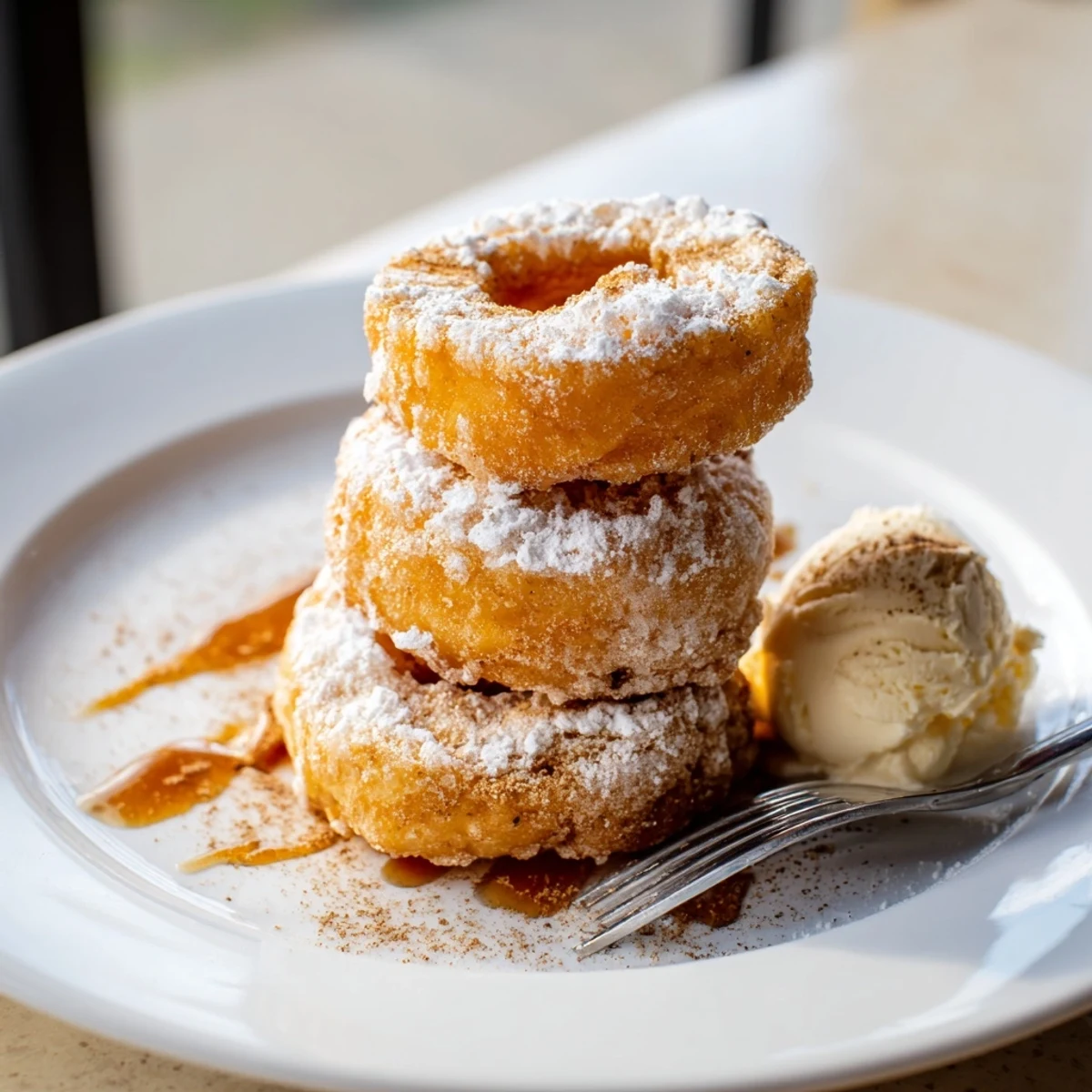 Batter-dipped fried pineapple rings caramelized to a deep golden brown served warm