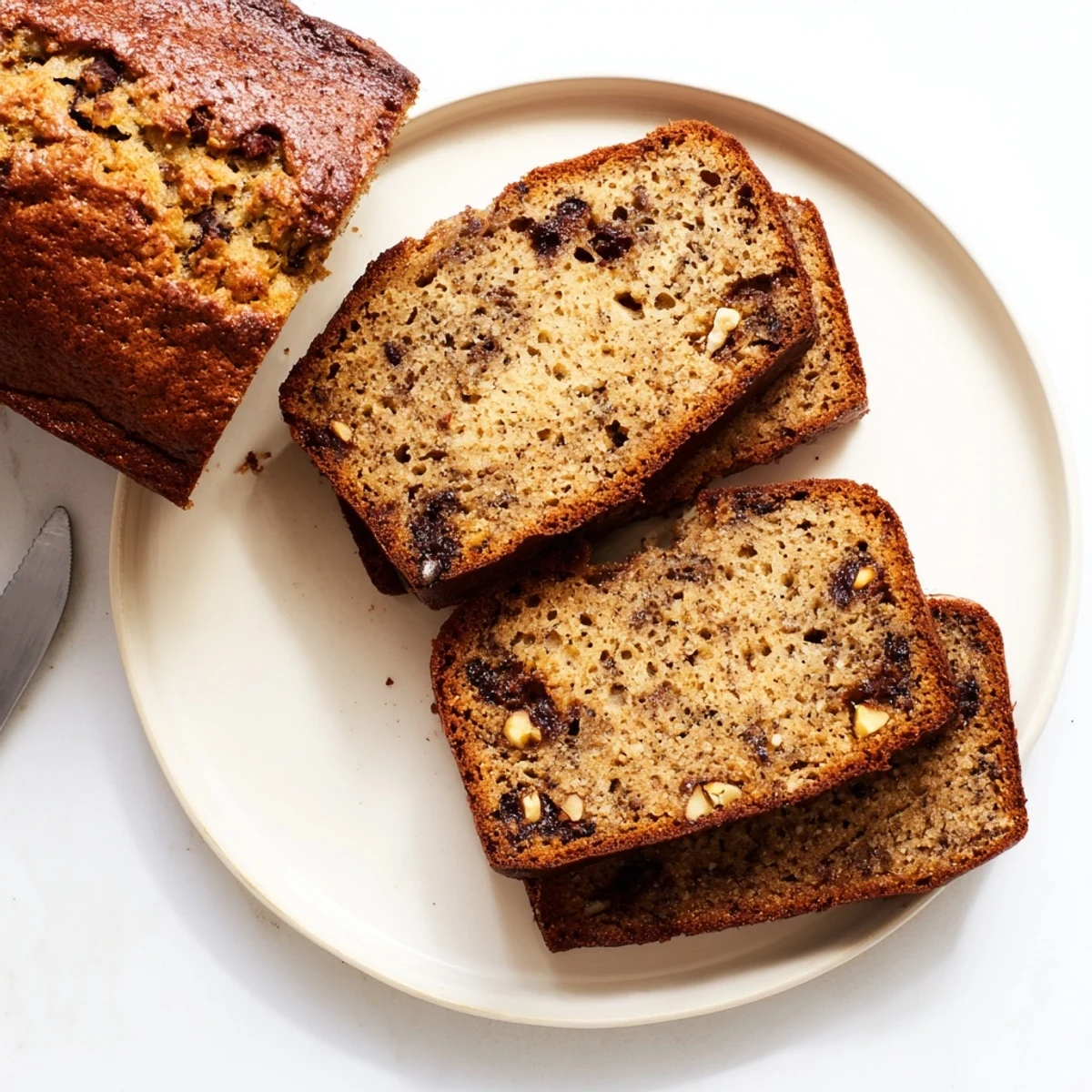 Golden sliced super moist banana bread on a rustic wooden cutting board